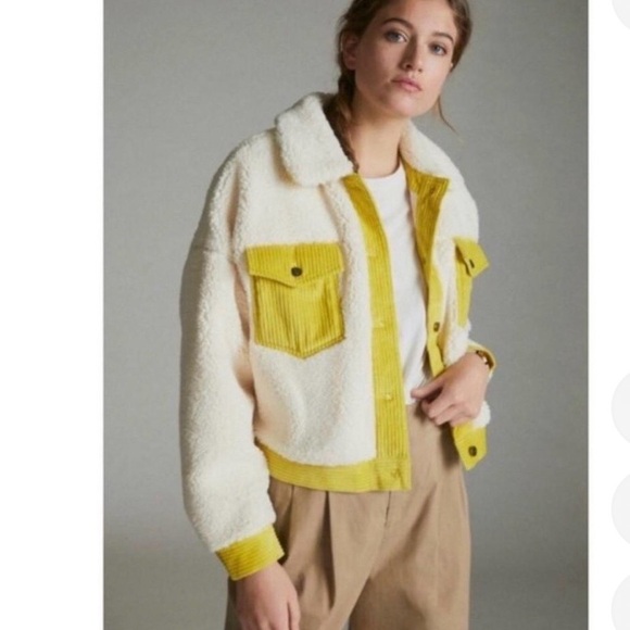 Anthropologie Jackets & Blazers - NWOT Leslie Corduroy-Trimmed Sherpa Jacket Yellow White Size M